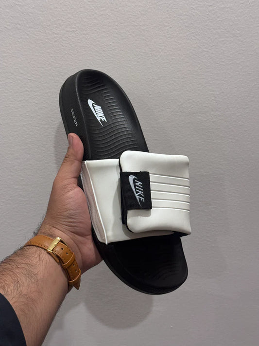 Nikee premium Adjustable Slides – white & Black (8mm foam) with recovery sole
